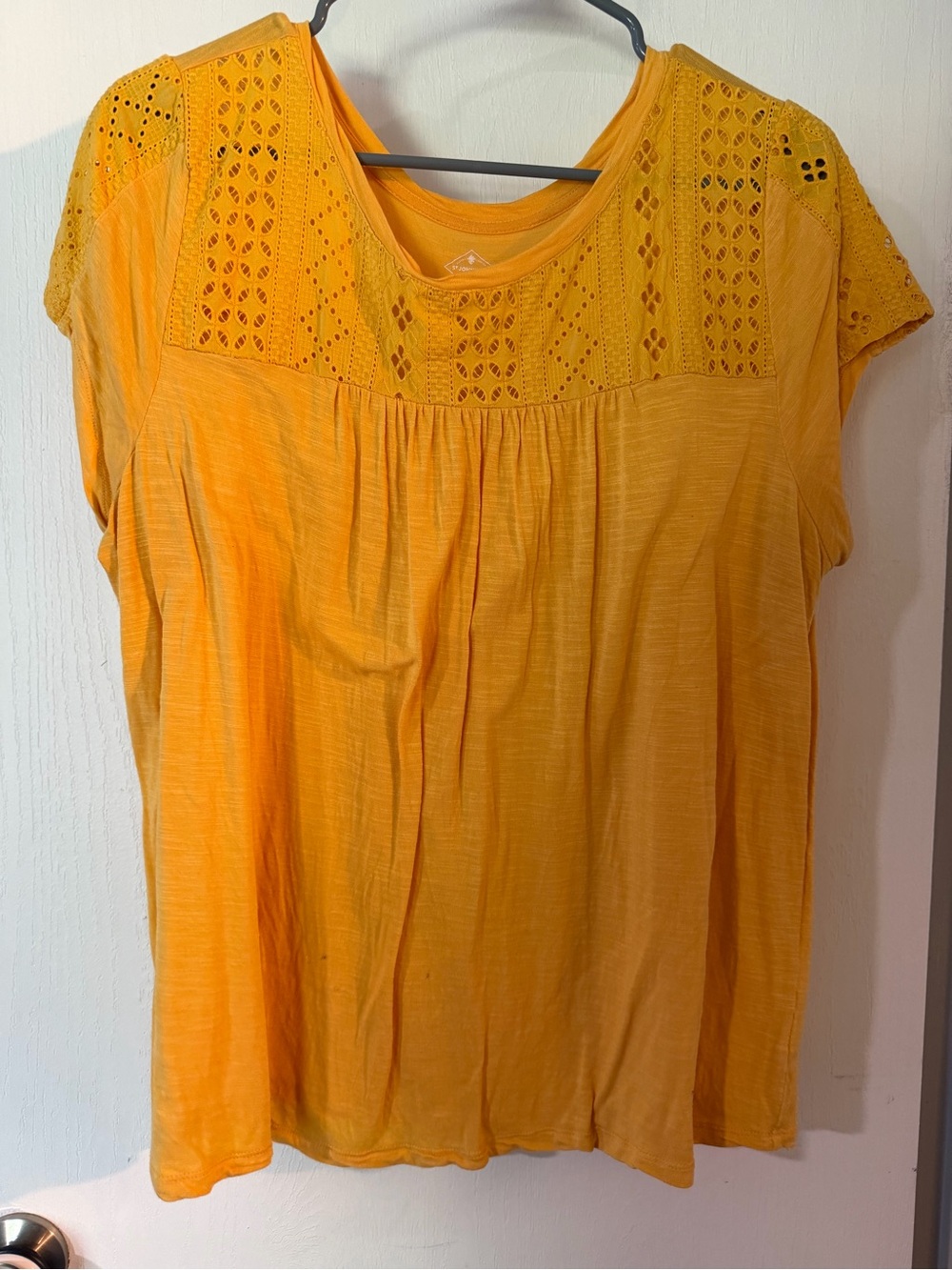 St. John's Bay Yellow Crochet Yoke Short Sleeve Top